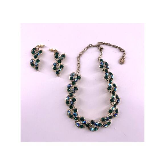 Vintage Green Aurora Borealis Crystal Rhinestone Statement Necklace Earrings Set - Picture 1 of 5